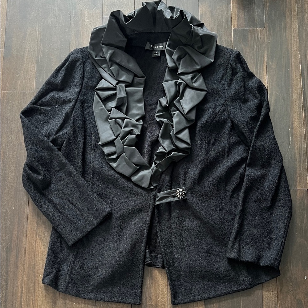 St. John Black Jacket with Ruffled Satin Collar
